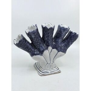 Vintage Five Finger Blue and White Tulip Vase Made in Portugal